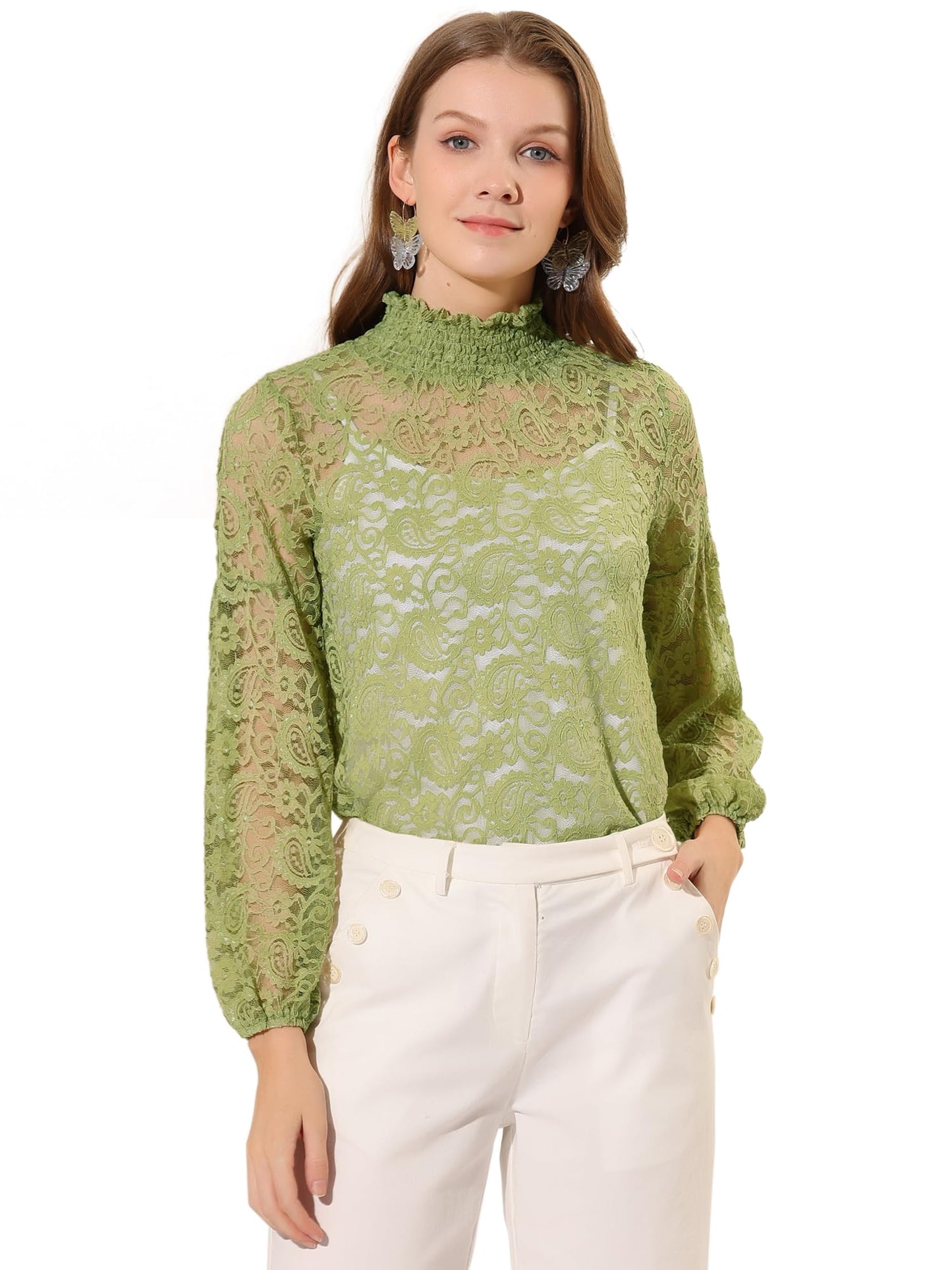 Floral Lace Top Turtleneck Puff Long Sleeve See Through Sheer Blouse