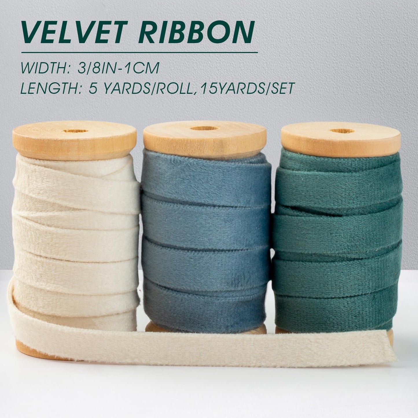 Velvet Ribbon Set: 3 Rolls of 3/8" Wide, 5 Yards Each, on Wooden Spools for Crafts and Decorations