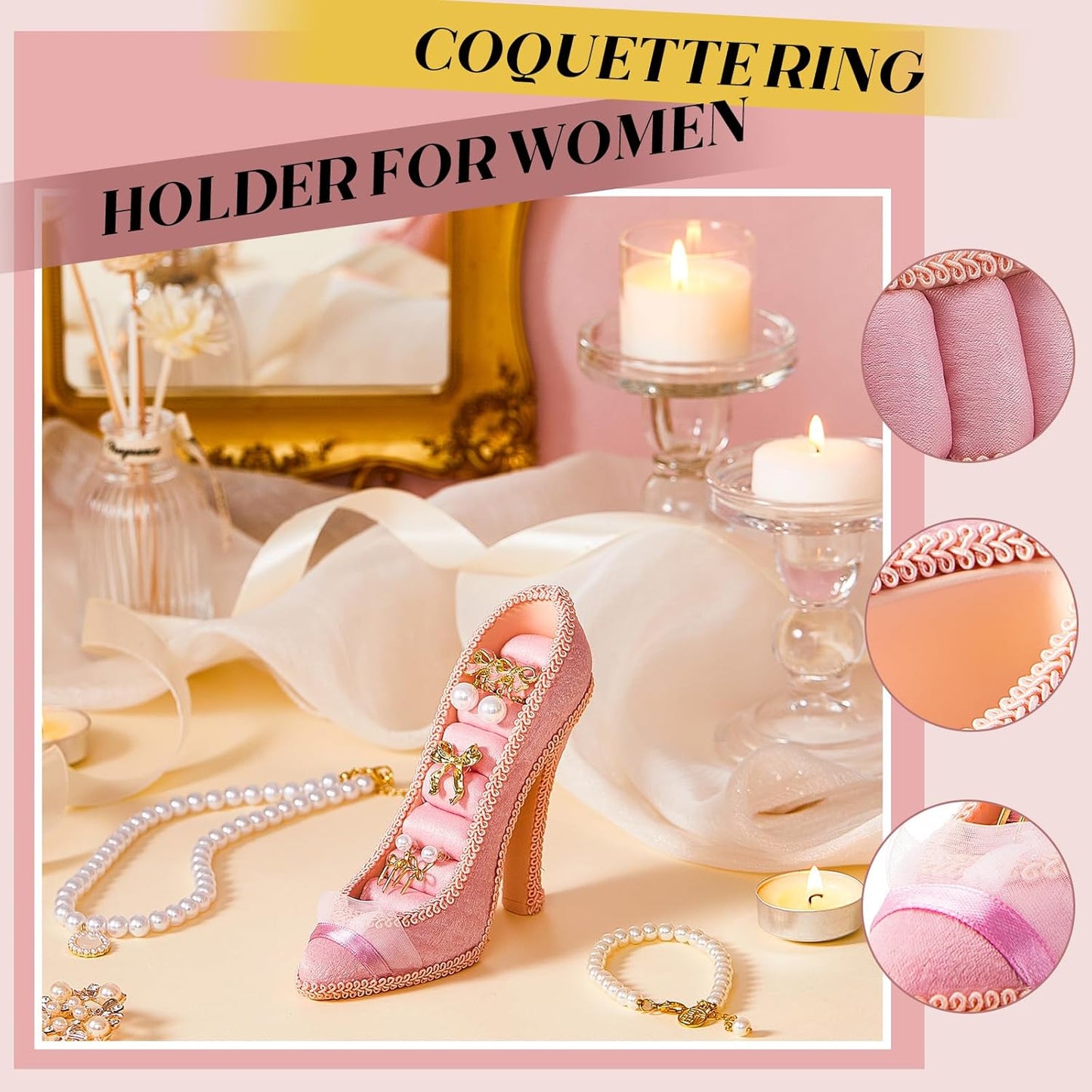 Pink Coquette Ring Holder Jewelry Display Stand High-heeled Shoe Jewelry Organizer