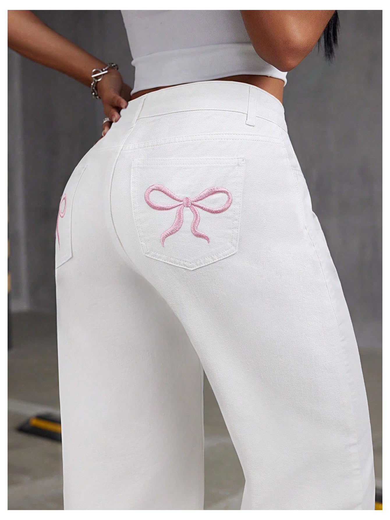 Women's Bowknot Embroidery Jeans - Y2k Straight Leg Boyfriend Denim Pants