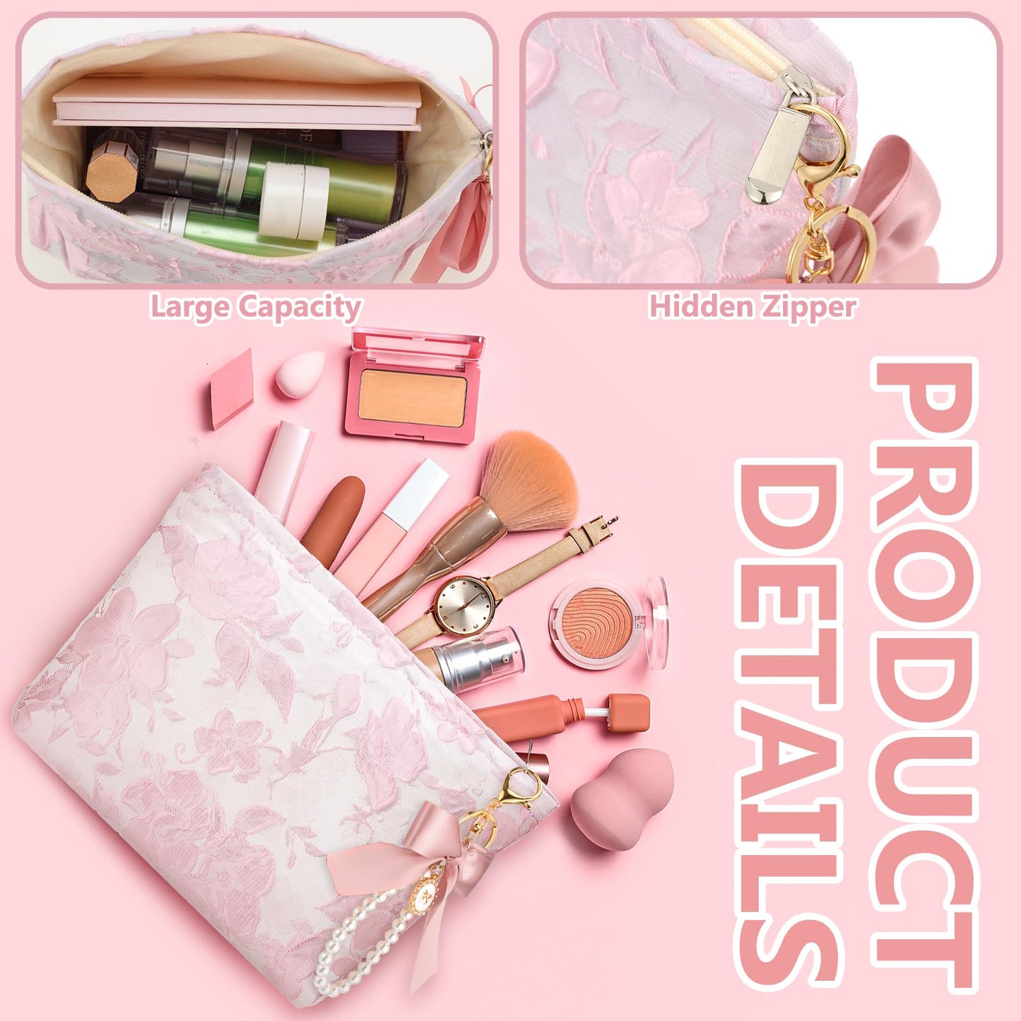 Coquette Pink Makeup Bag Pearl Bow Wristlet Keychain