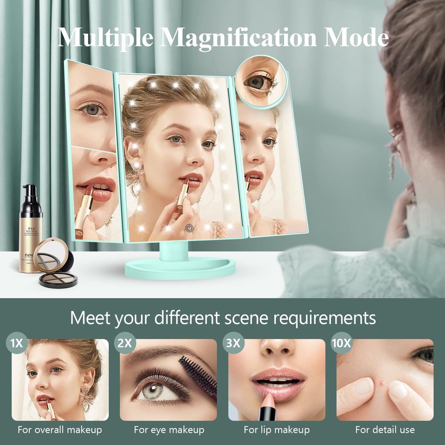 Makeup Mirror Vanity with Lights, 2X 3X 10X Magnification, Lighted Mirror, Touch Control, Trifold Dual Power Supply, Portable LED