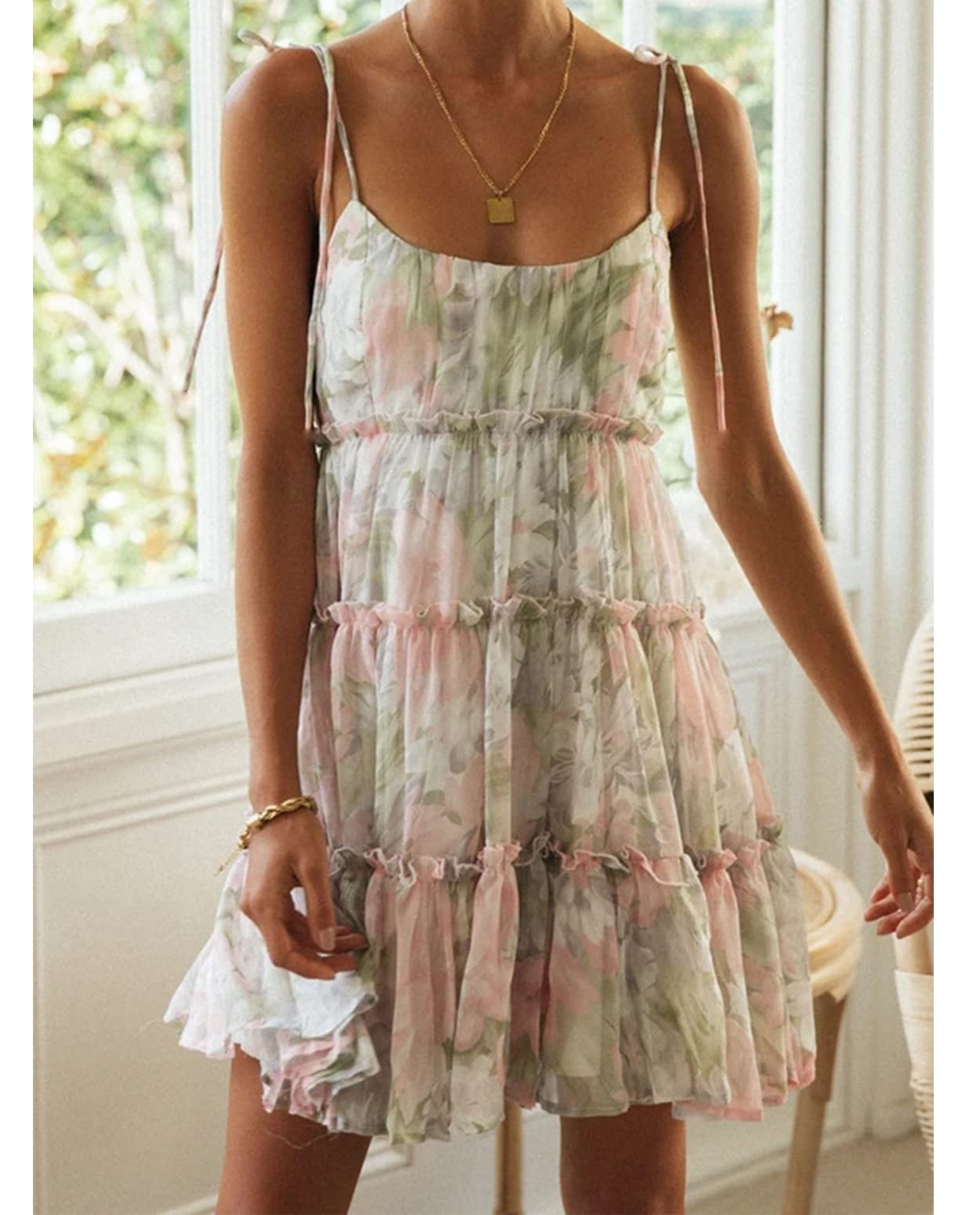 Womens Summer Floral Mini Dress Boho Flowy Skater Dresses Short Sleeveless Ruffle Spaghetti Strap Dress