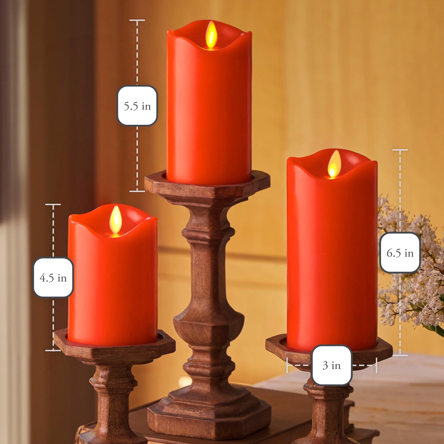 Flameless LED Flickering Battery Candle Moving Flame Pillar, Melted Edge, Real Wax Smooth Finish