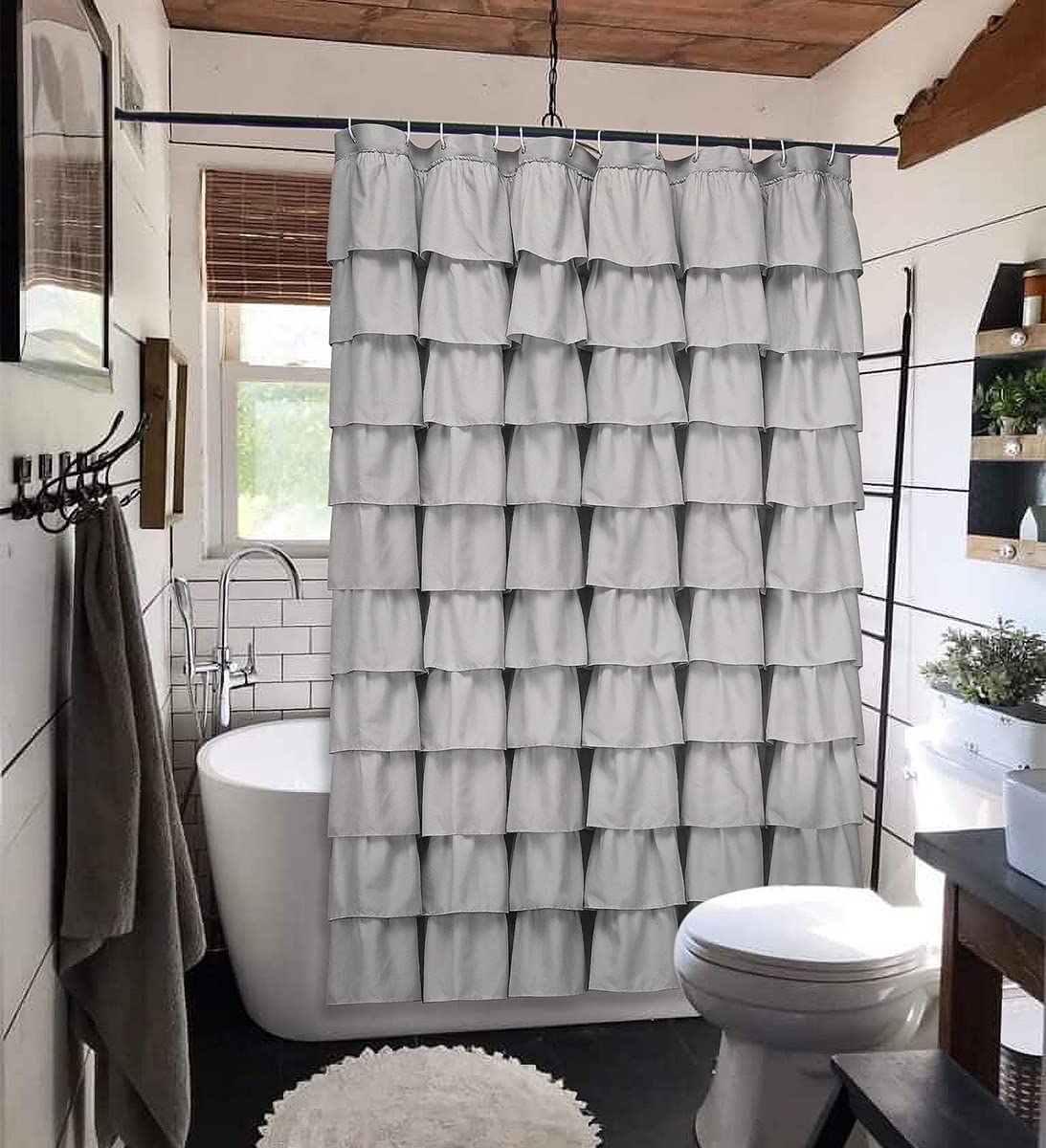 Ruffle Shower Curtain Farmhouse Rustic Fabric Cloth Shower Curtains for Bathroom, 72" x 72"