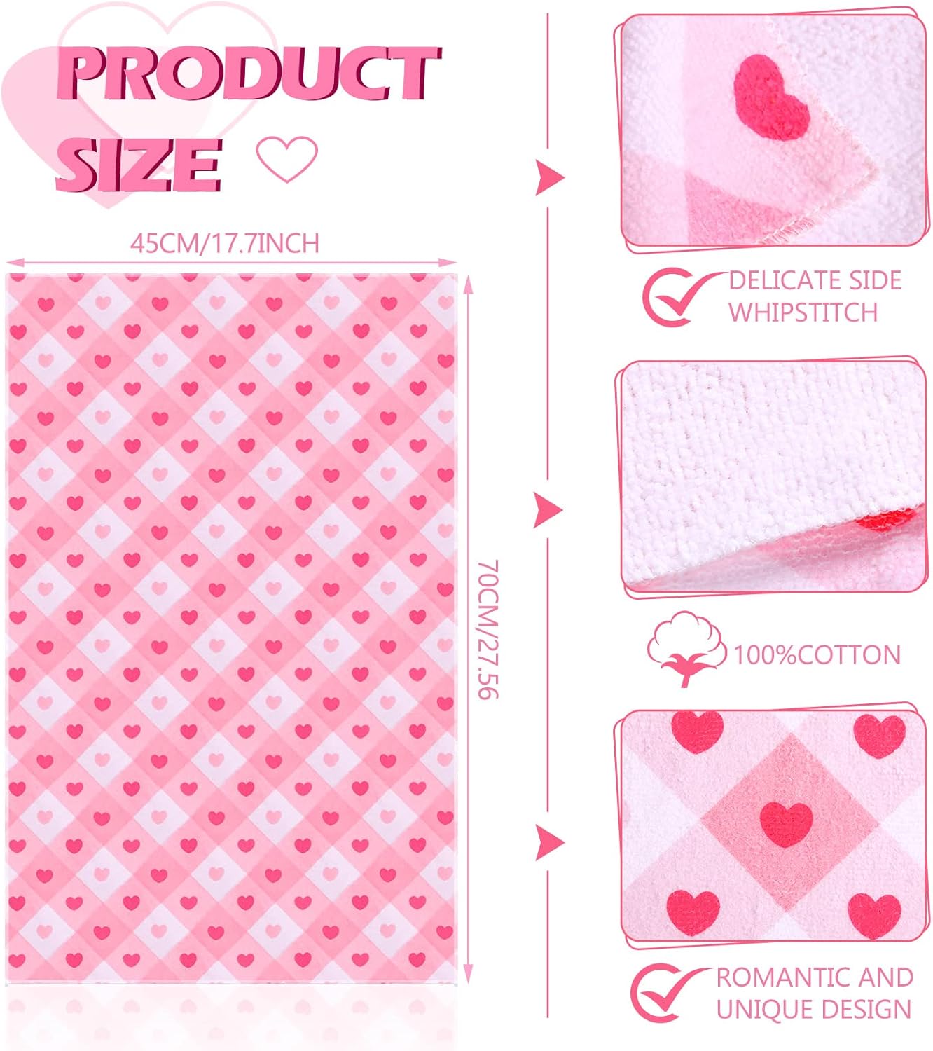 Valentine's 3 Pcs Kitchen Dish Tea Towels Pink Heart Hand Towels 18 x 28 Inches