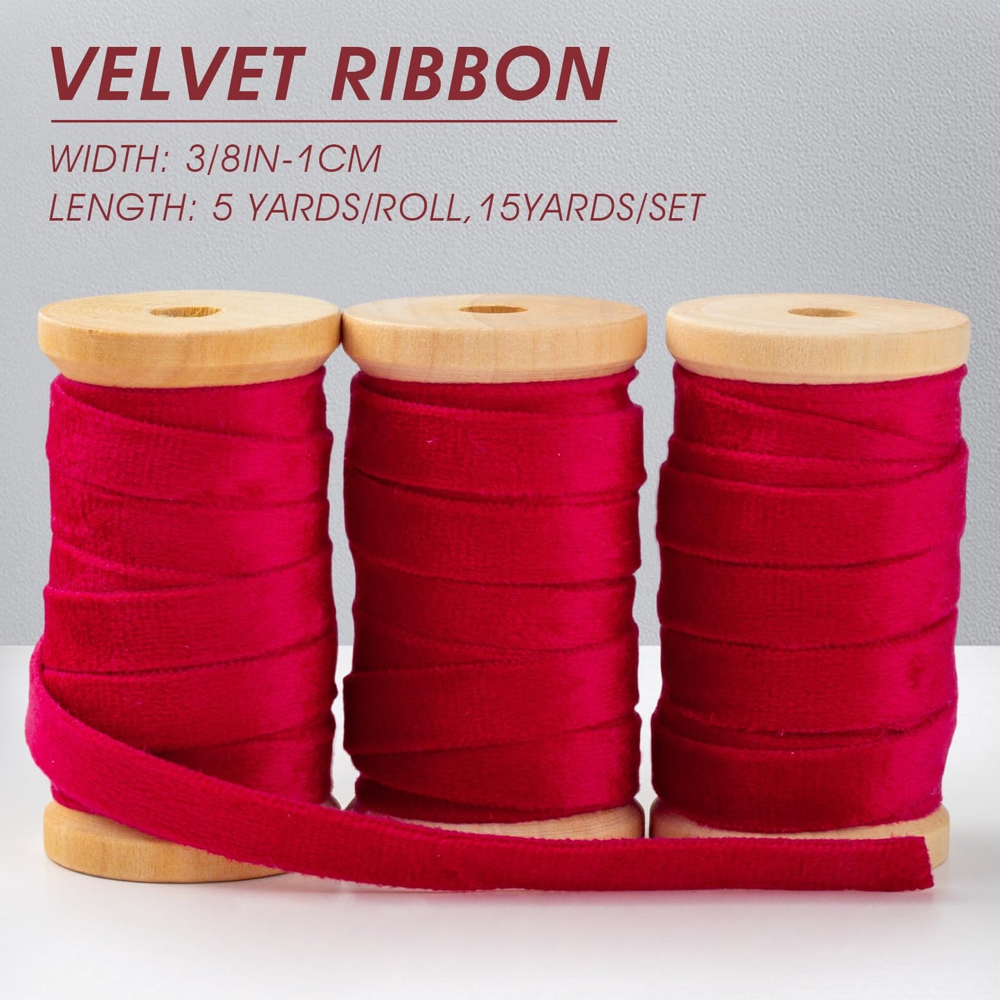 Velvet Ribbon Set: 3 Rolls of 3/8" Wide, 5 Yards Each, on Wooden Spools for Crafts and Decorations