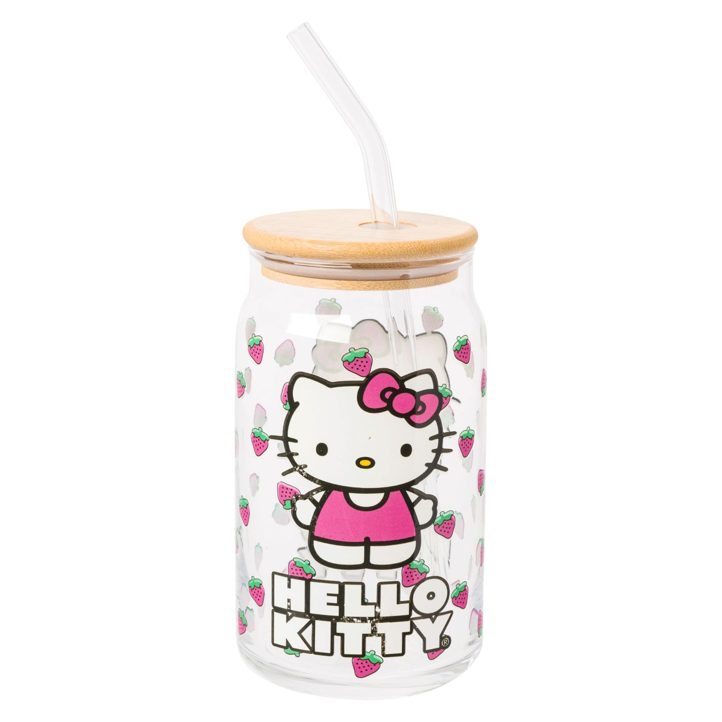 Sanrio Glass Jar Tumbler with Bamboo Lid and Glass Straw, 16 Ounces