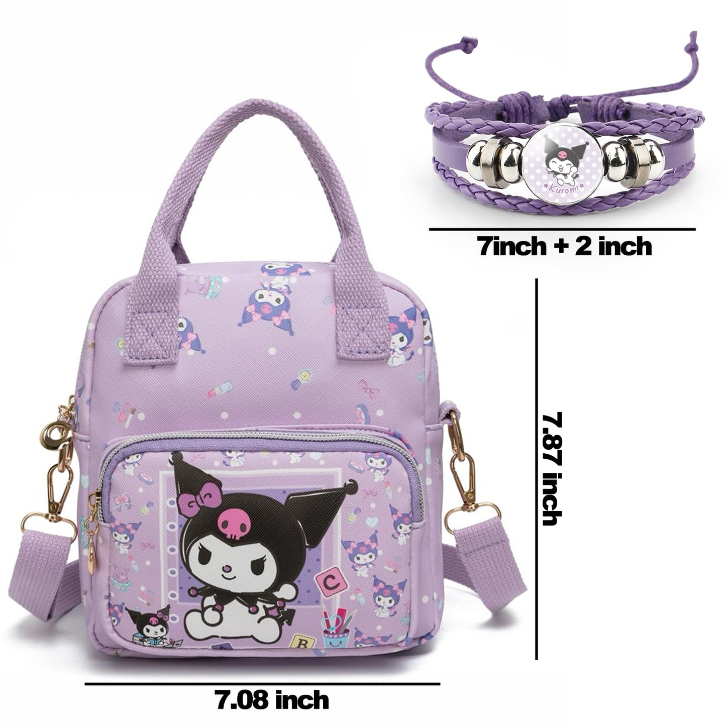 Kawaii Kitty PU Crossbody Bag with Handles Adjustable Shoulder Strap and Bracelet, Handbag with Zipper, Wallet Purse