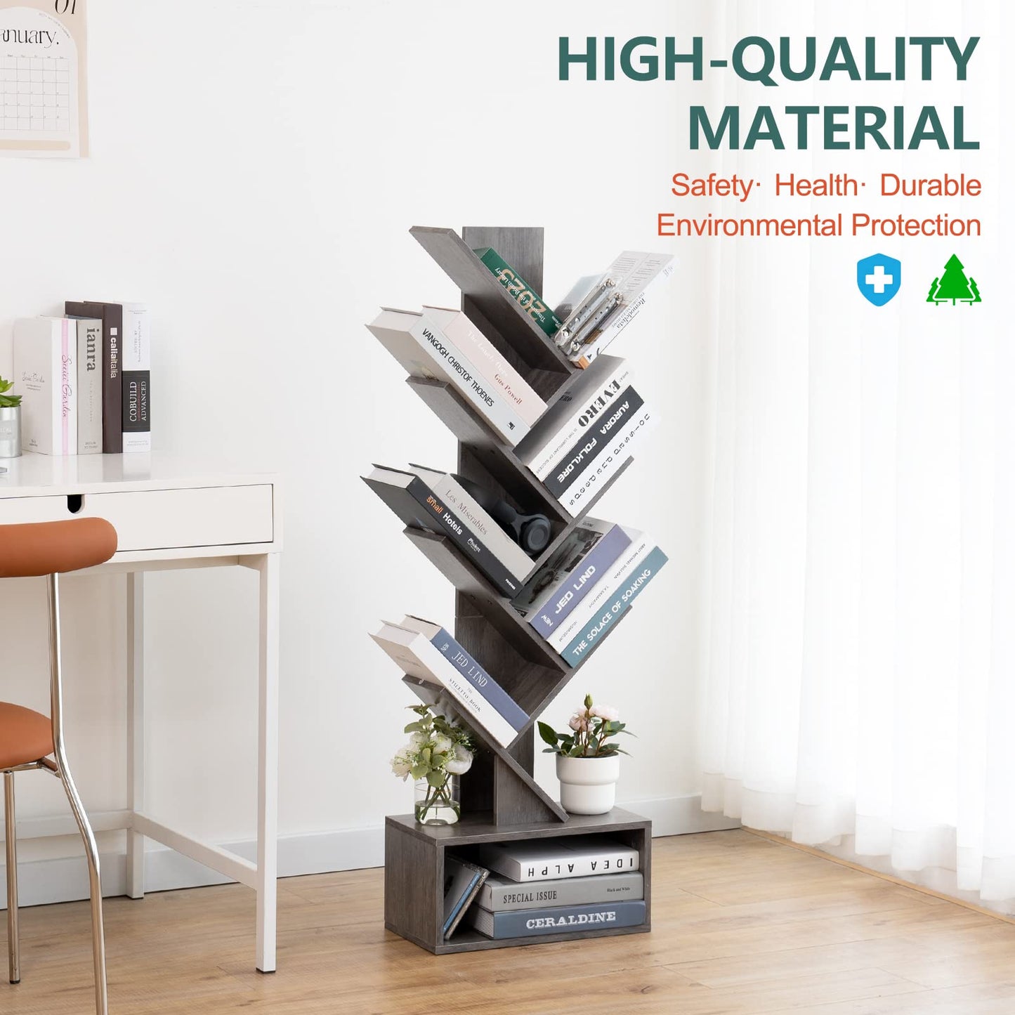 Tree Bookshelf - 6 Shelf Retro Floor Standing Bookcase, Tall Wood Book Storage Rack