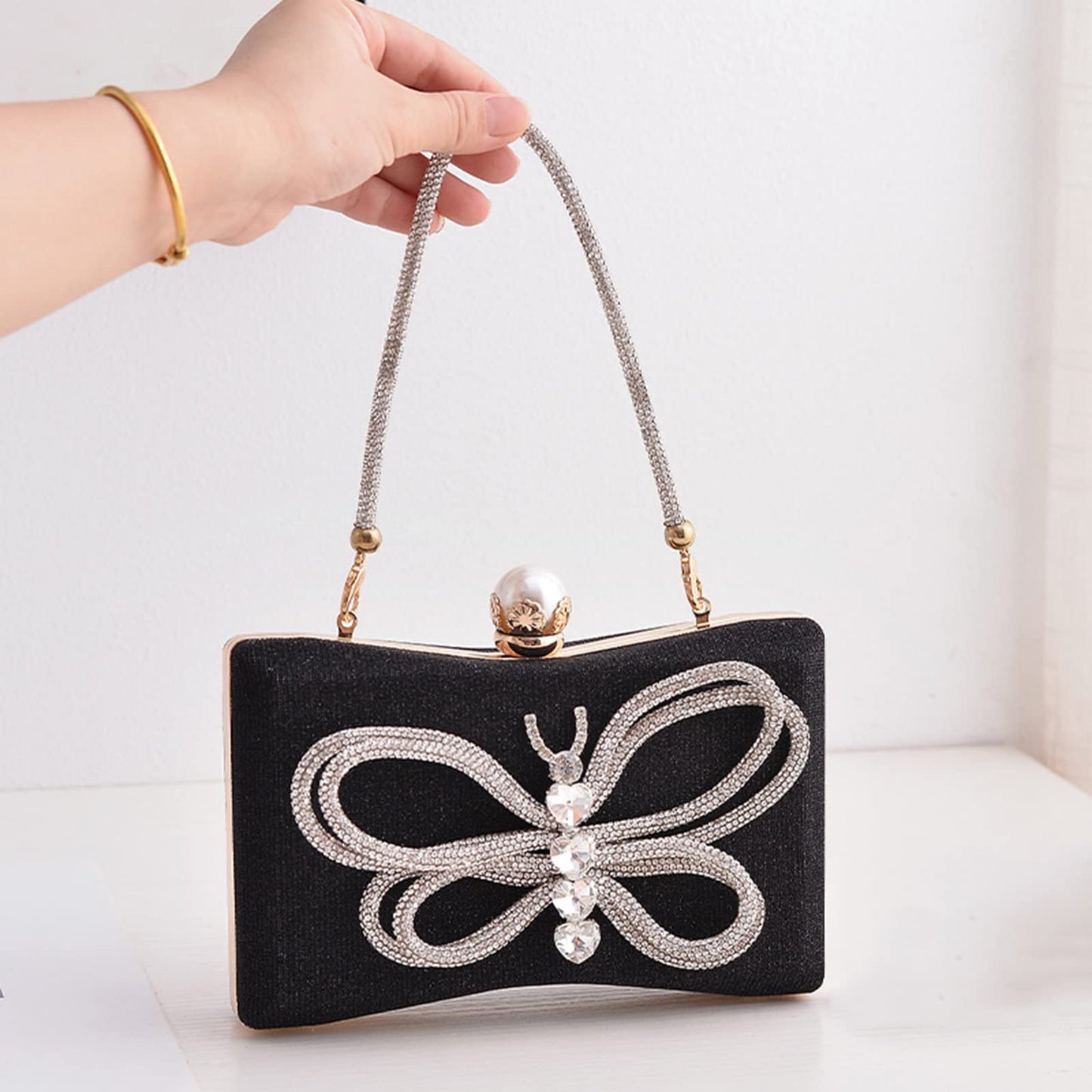 Sparkly Rhinestone Butterfly Clutch – Elegant Evening Bag with Pearl Clasp for Women, Formal Events, Prom & Parties