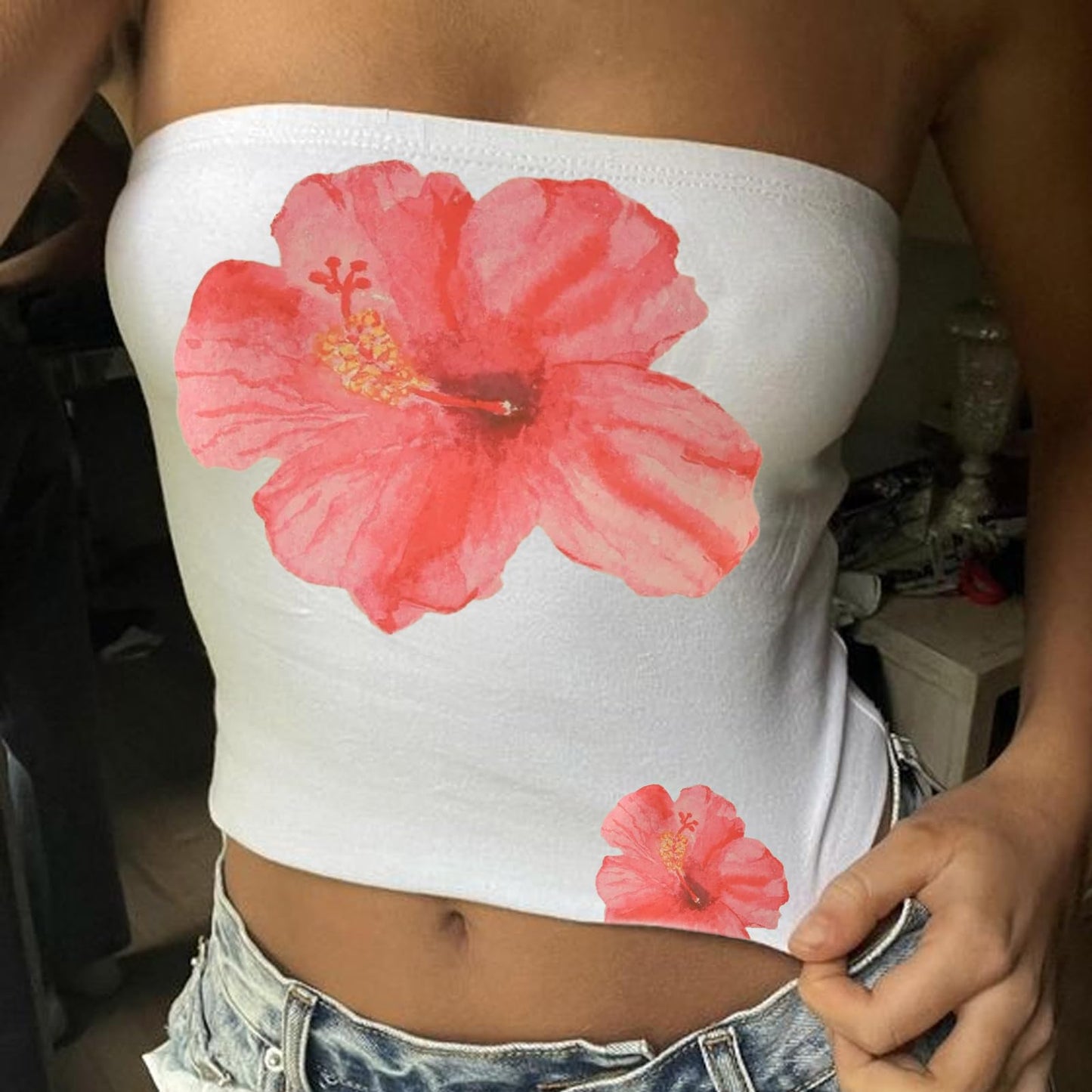 Women Y2k Floral Tube Tops Flower Print Strapless Sleeveless Bandeau Tops