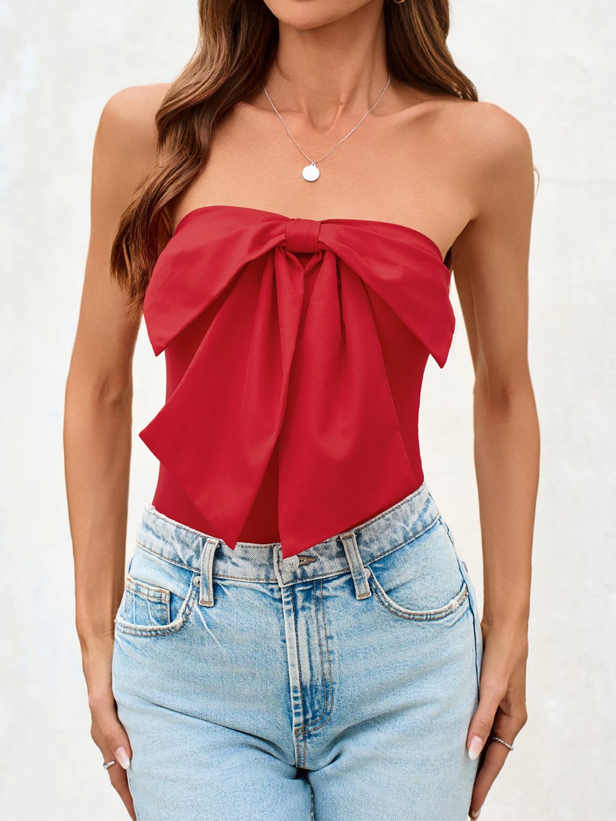 Cute Bow Strapless Tube Top - Cropped Fitted Y2K Bandeau Tank Tops Backless Corset Shirts