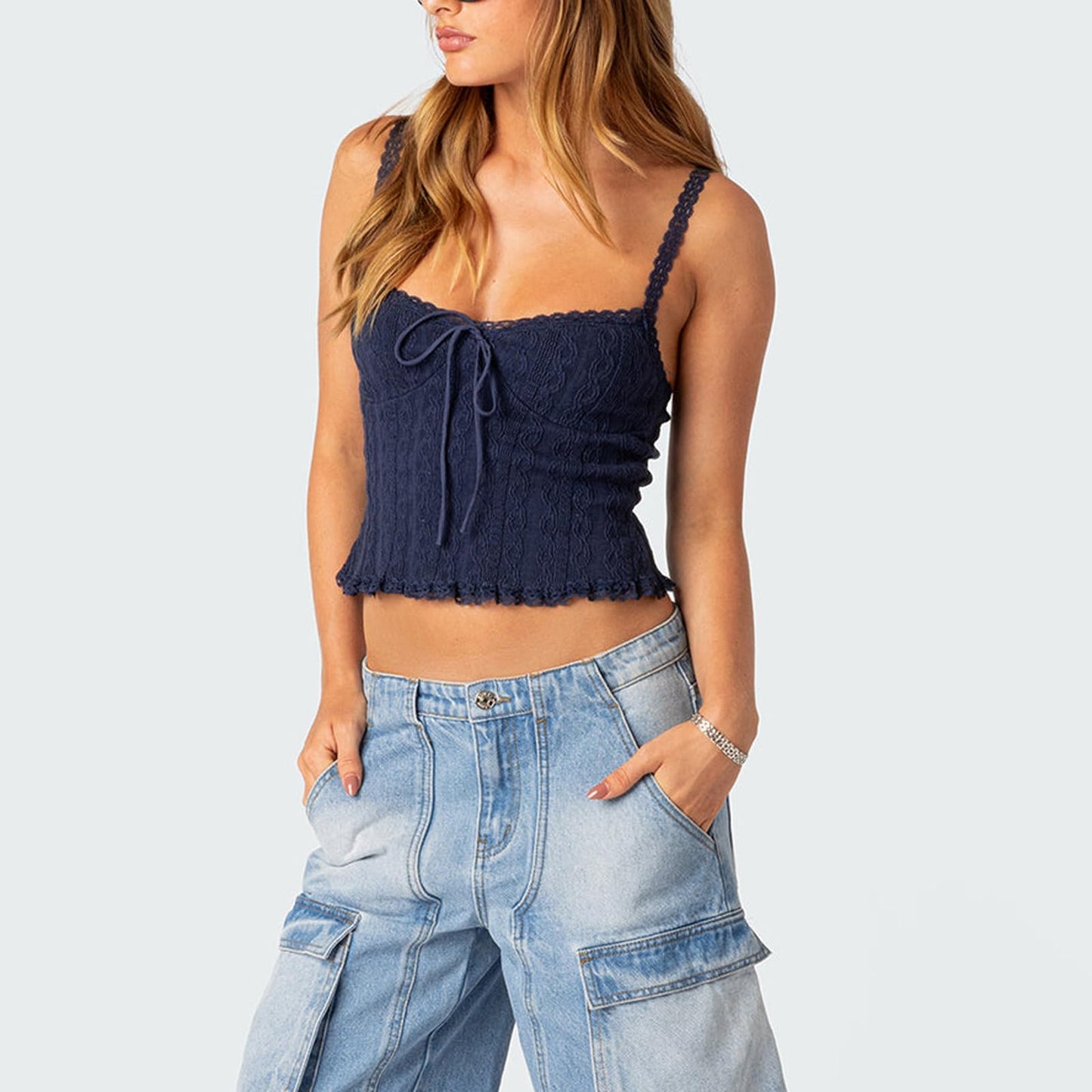 Women Y2k Lace Trim Crop Tank Top Spaghetti Strap