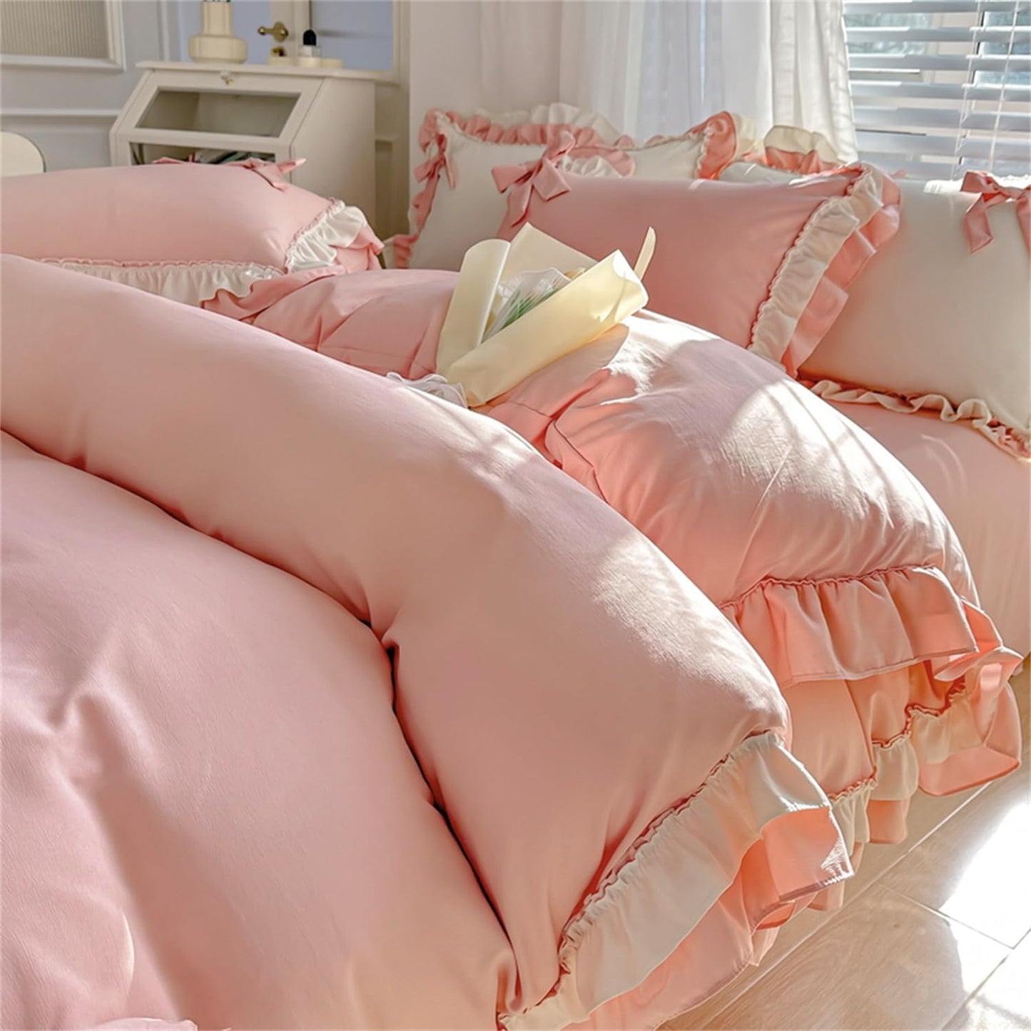 Girls Pink Bow Duvet Cover Princess Ruffle Bedding 100% Washed Microfiber 3pcs,Ruffled Duvet Cover Set