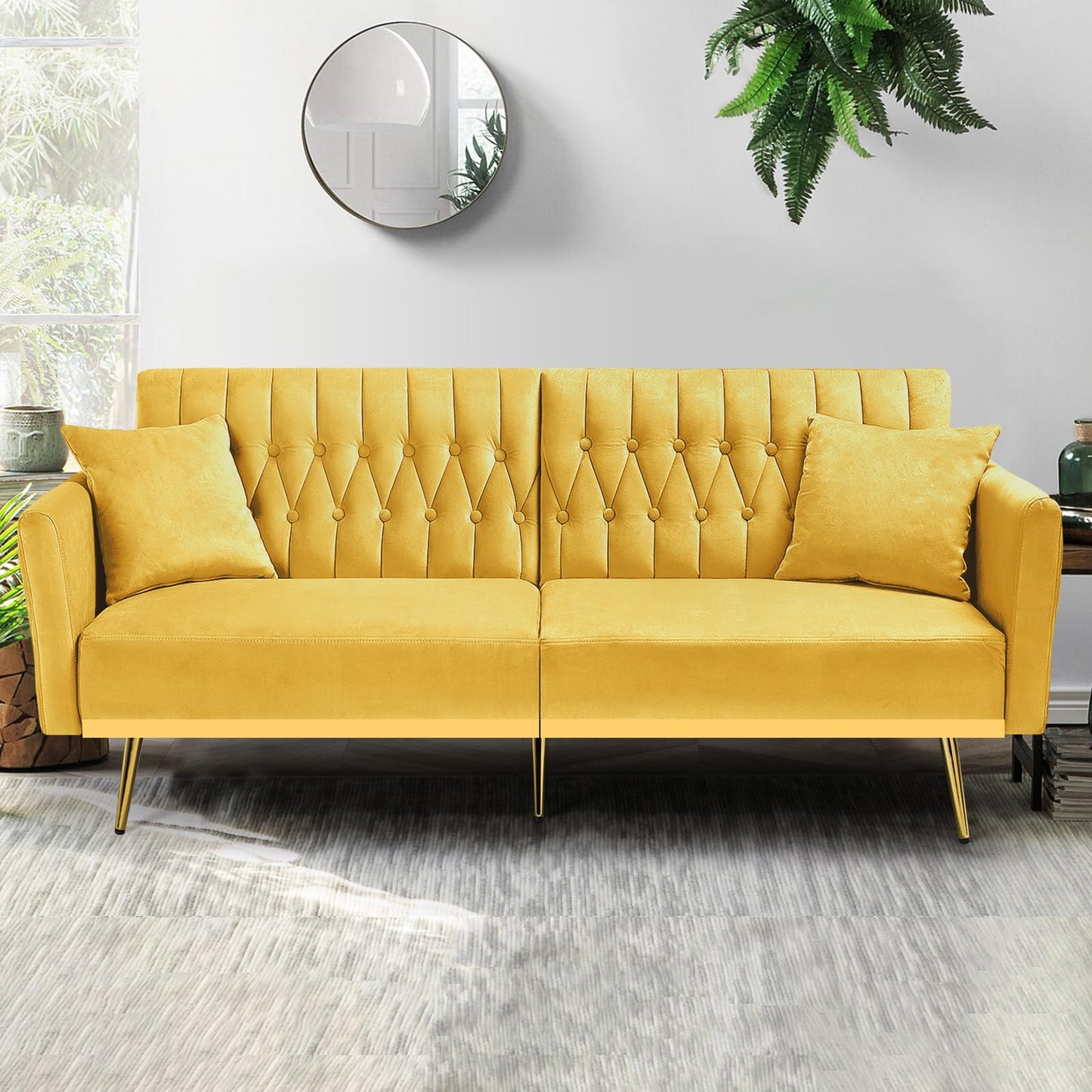 Velvet Futon Sofa Bed with 2 Pillows and Adjustable Armrests, 70”