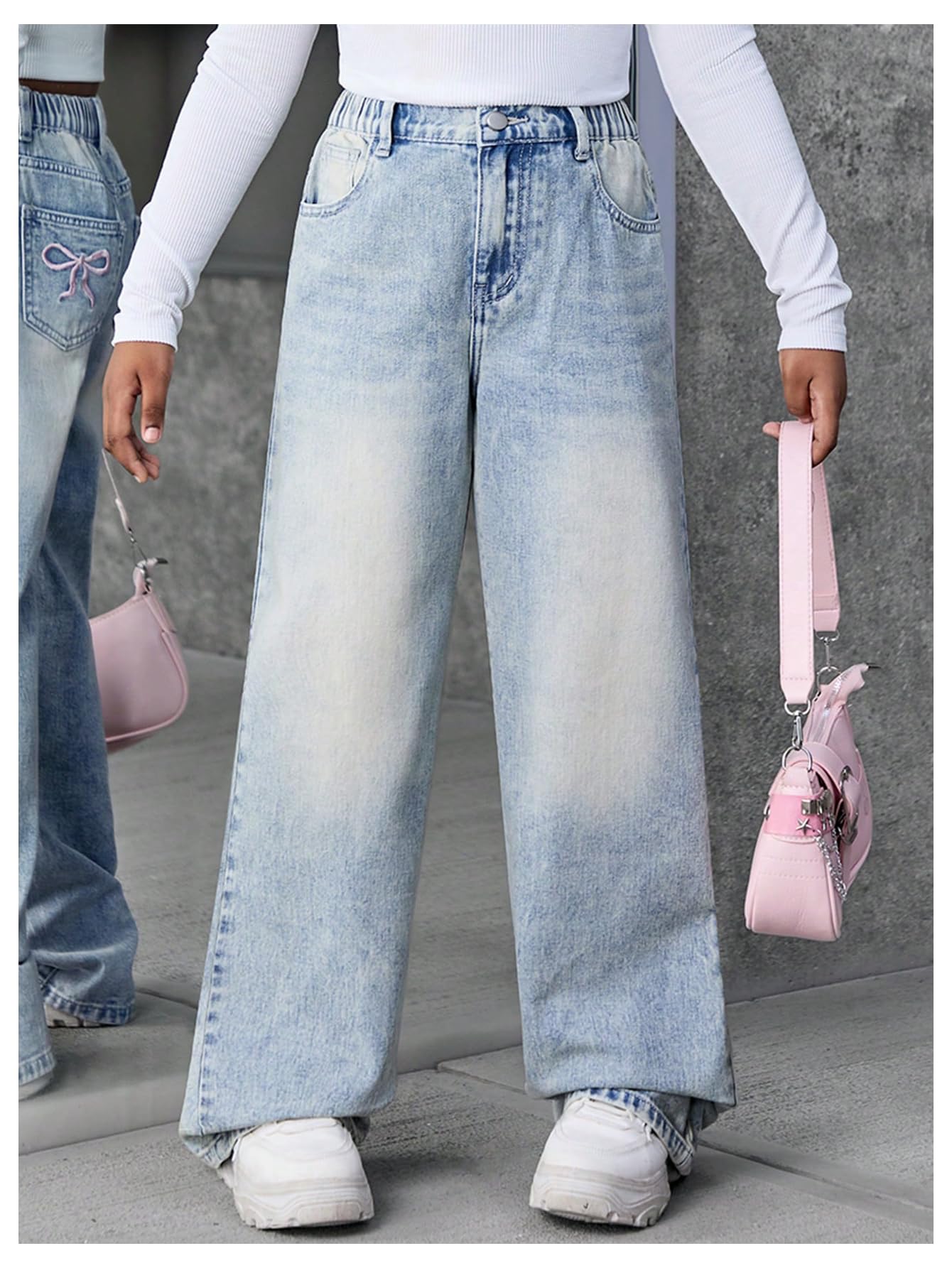 Girl's Bow Print Back Zipper Fly Elastic High Waist Denim Pants Basic Wide Leg Jeans