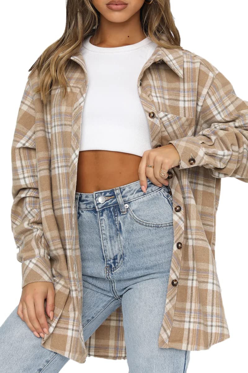 Women's Casual Flannel Plaid Shacket Button Down Long Sleeve Shirt Jacket Coats with Pockets