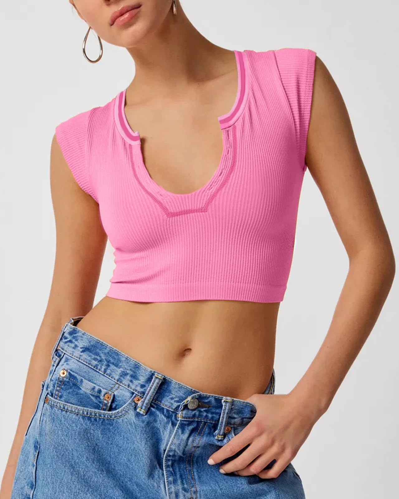 Crop Top Crew Neck T-Shirt Short Sleeve - Ribbed Knit Basic Crop Tank Top