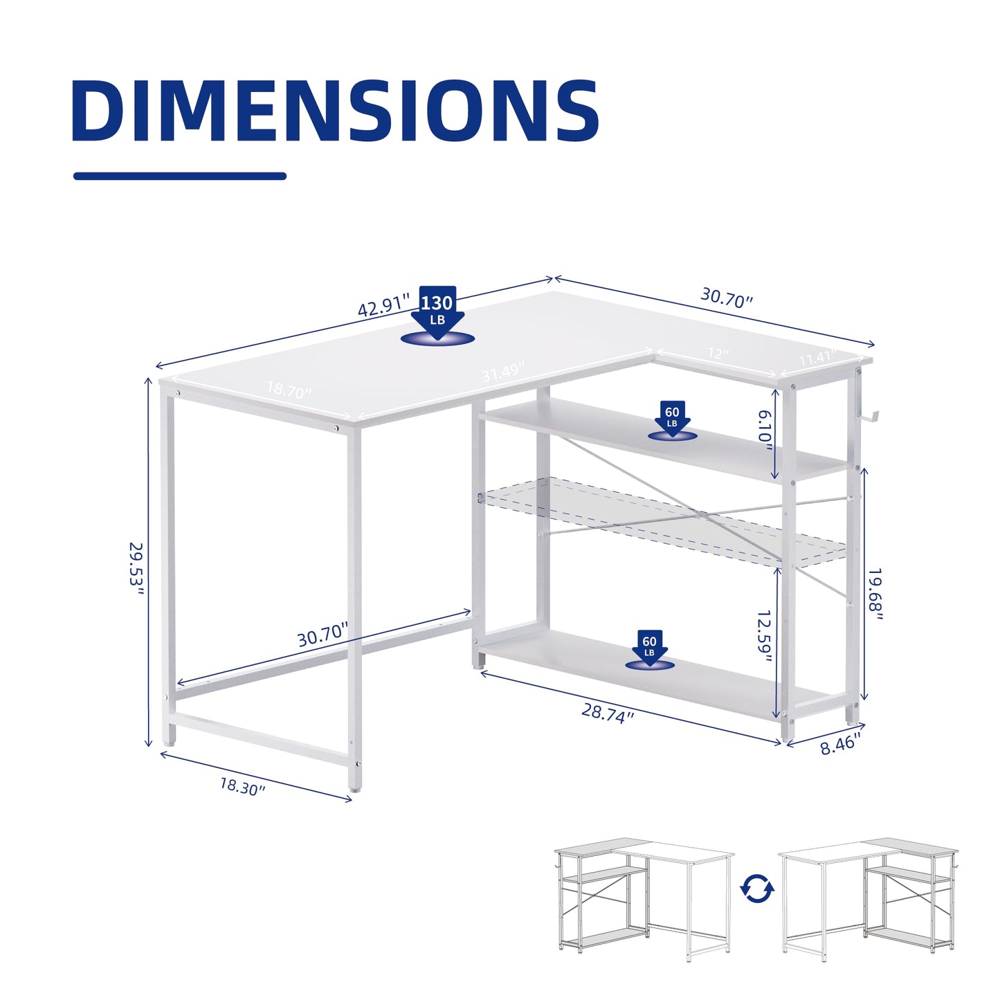 L-Shaped Computer Desk with Reversible Storage Shelves – Compact Corner Desk for Home Office, Bedroom, or Study 43"