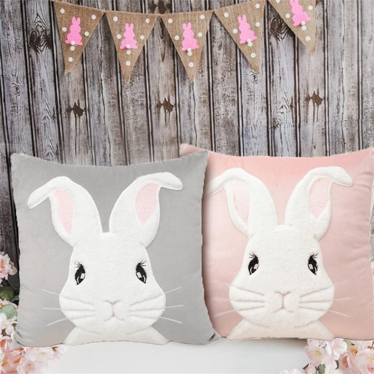 Embroidered 3D Bunny Rabbit Throw Pillowcase Velvet Spring Easter Pillow Covers