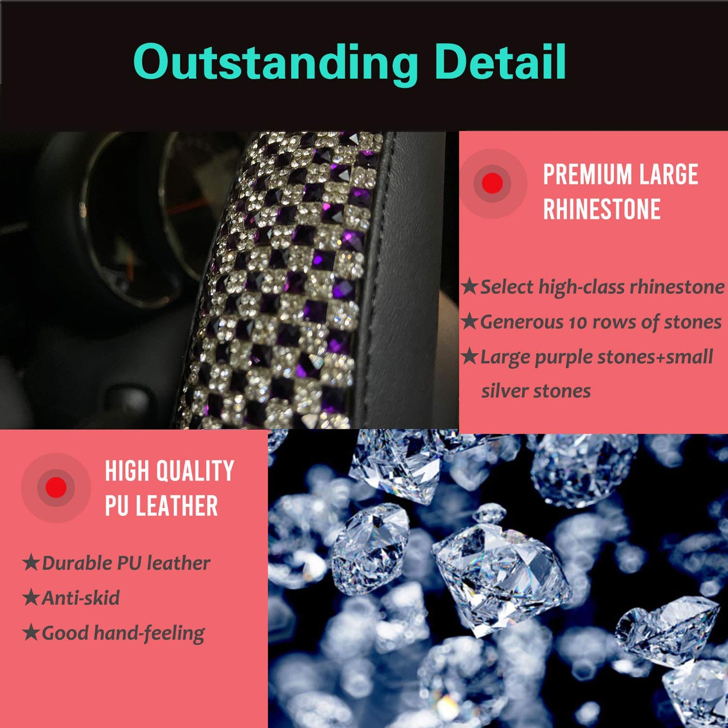 Universal Bling Bling Comfy Steering Wheel Cover with Jumbo Crystal Rhinestones, Anti-Slip Diamond Leather, 14.5-15 Inch