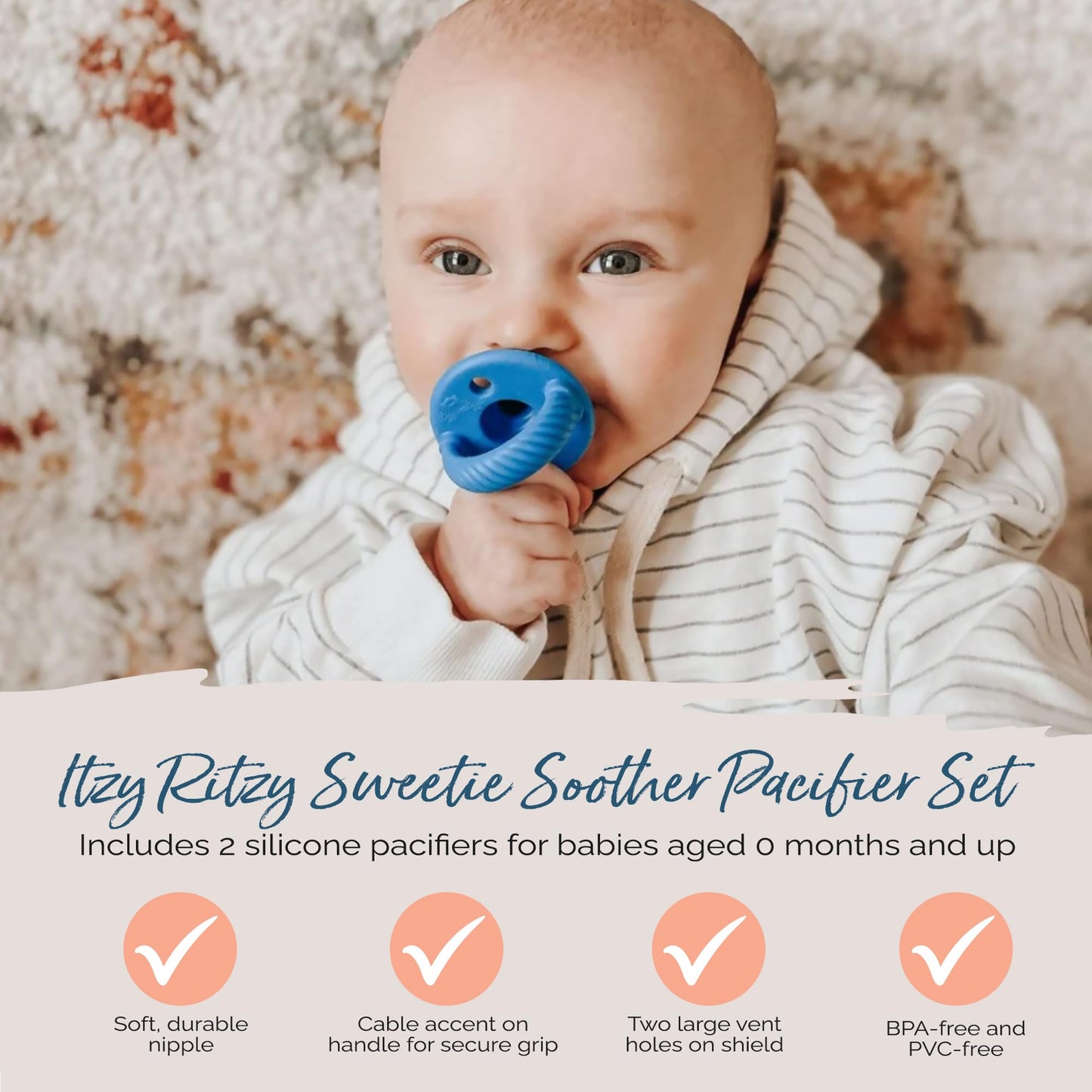 Silicone Pacifiers for Newborn - Sweetie Soother Pacifiers Feature Collapsible Handle & Two Air Holes for Added Safety