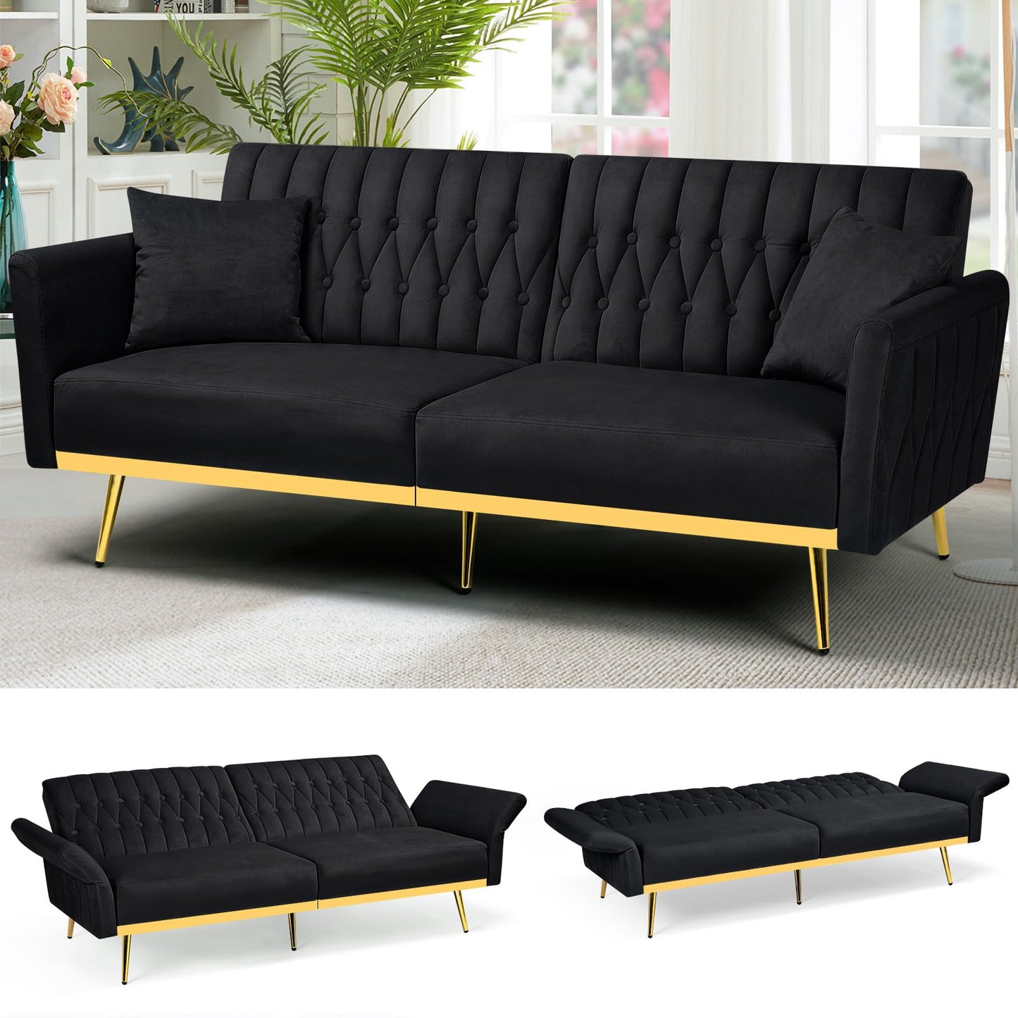 Velvet Futon Sofa Bed with 2 Pillows and Adjustable Armrests, 70”