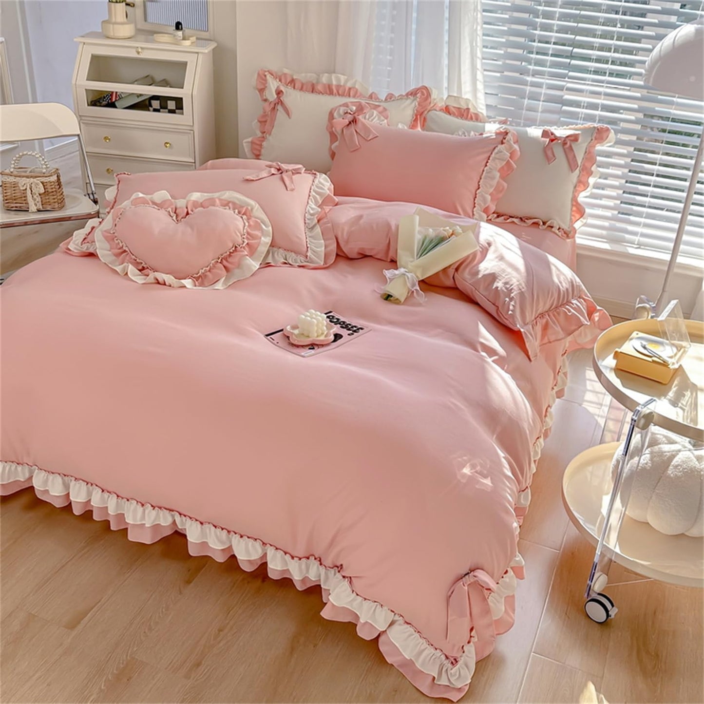 Girls Pink Bow Duvet Cover Princess Ruffle Bedding 100% Washed Microfiber 3pcs,Ruffled Duvet Cover Set