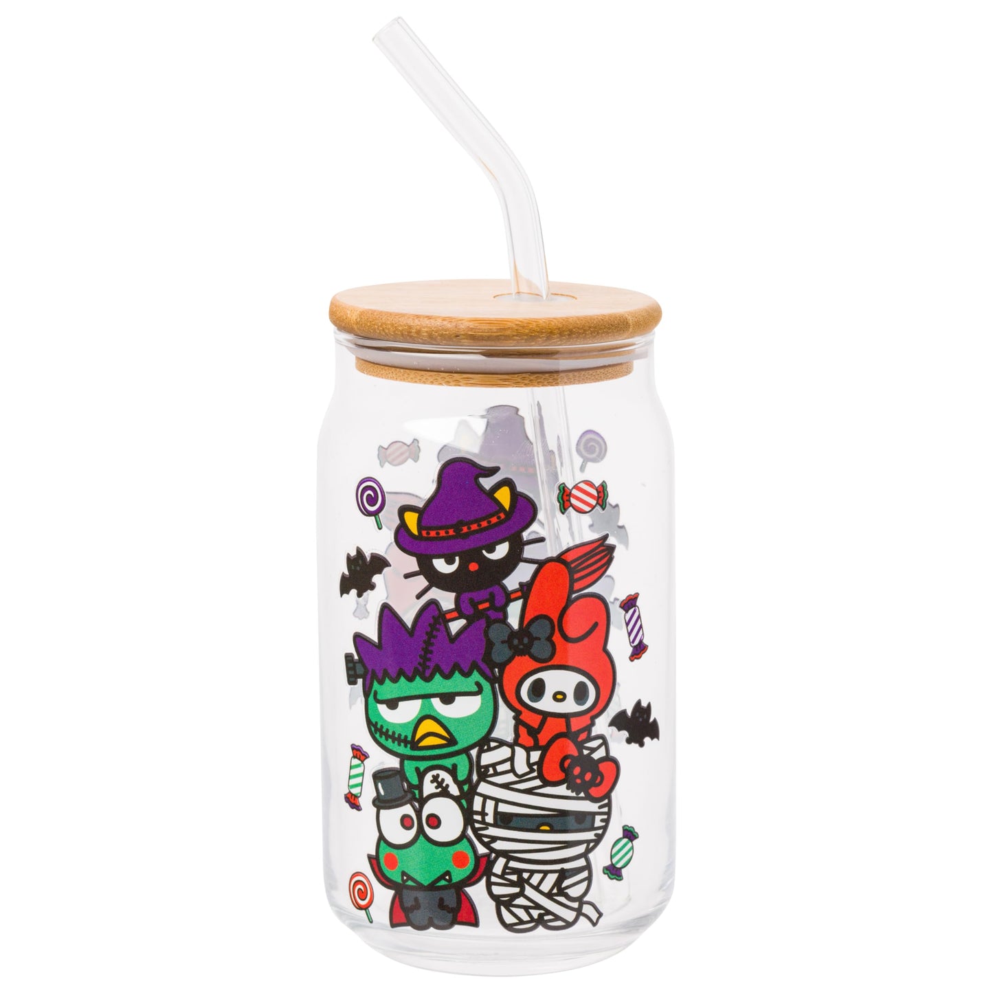 Sanrio Glass Jar Tumbler with Bamboo Lid and Glass Straw, 16 Ounces