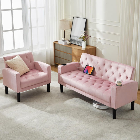 Loveseat Sofa w/ 2 USB Charger Ports and 2 Cupholders, Mid-Century Modern Tufted Pink Velvet