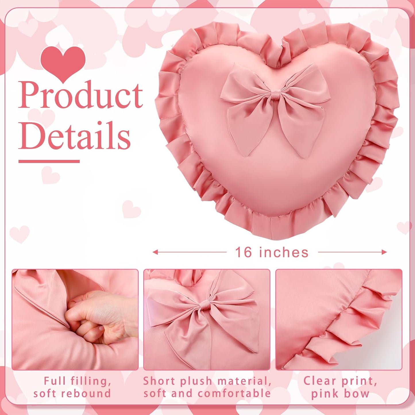 Pink Heart Ruffle Throw Pillow Heart Coquette Room Decor 15.75 Inch