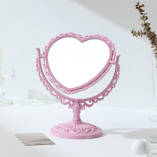 Vintage Heart-Shaped Double-Sided Makeup Mirror with 360° Rotation – Elegant Vanity Mirror for Coquette Room Decor