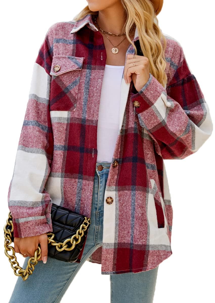 Women's Casual Flannel Plaid Shacket Button Down Long Sleeve Shirt Jacket Coats with Pockets