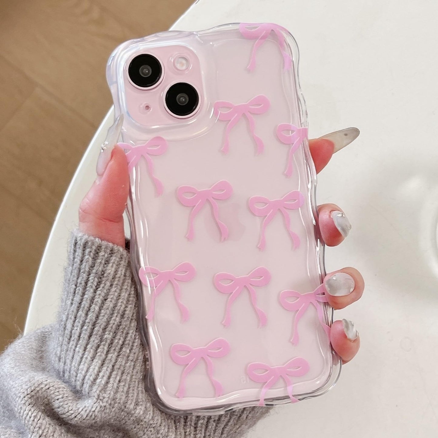 Cute Ribbon Bows Case for iPhone, Wavy Curly Frame Clear Transparent Soft Silicone TPU Bumper Shockproof Protective Cover