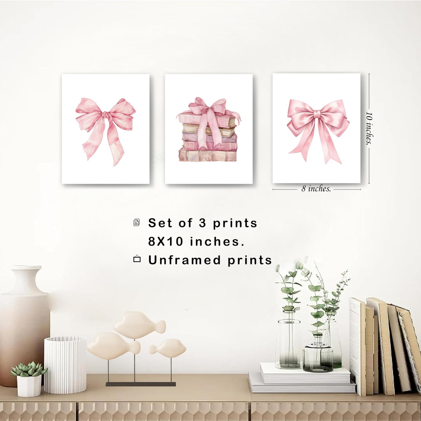 Coquette Pink Bow Girly Books Wall Art Prints Set of 3, 8x10 Unframed