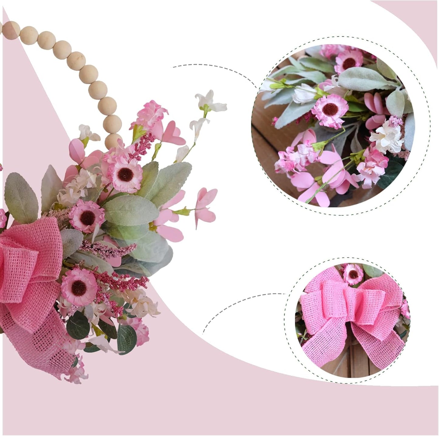 Spring Pink Daisy Burlap Bow Wreath Wooden Beaded Door Wreath