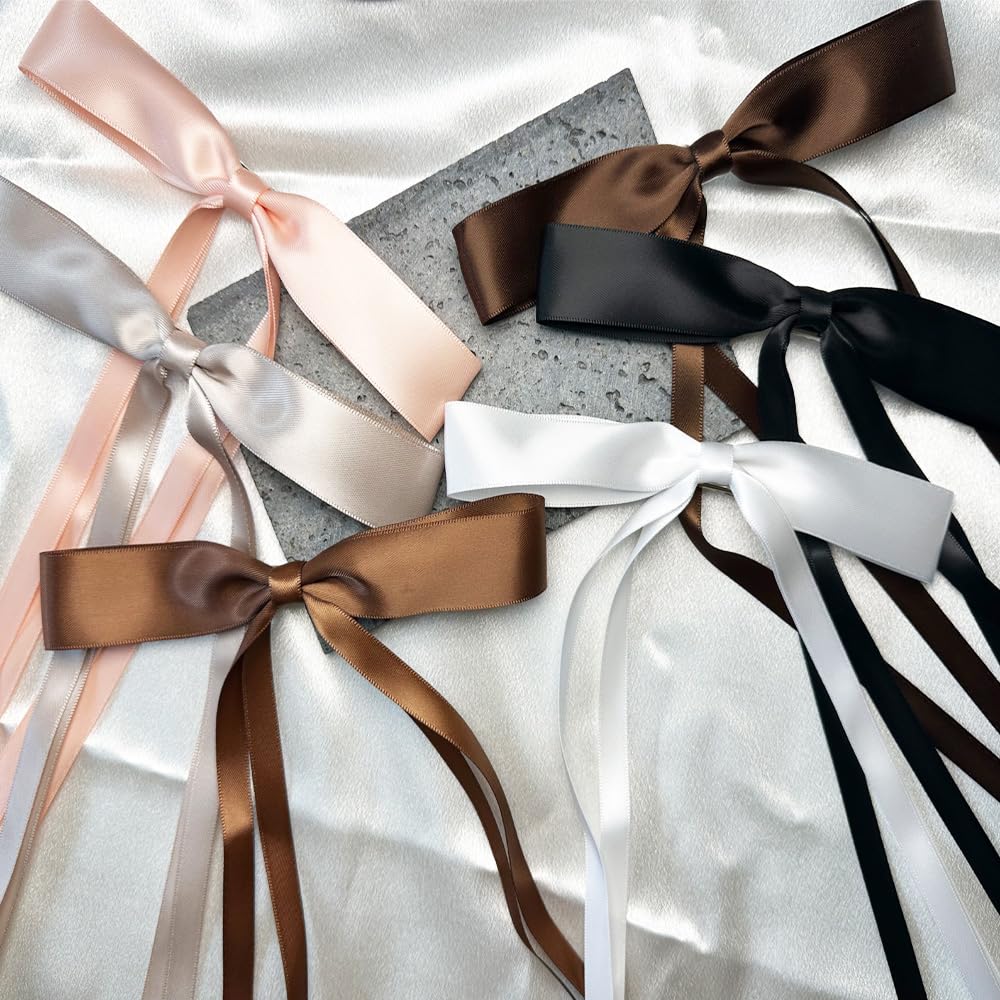 Satin 4-Piece Hair Ribbon Clips for Women and Girls – Pink and Beige Long Tail Bow Hair Accessories