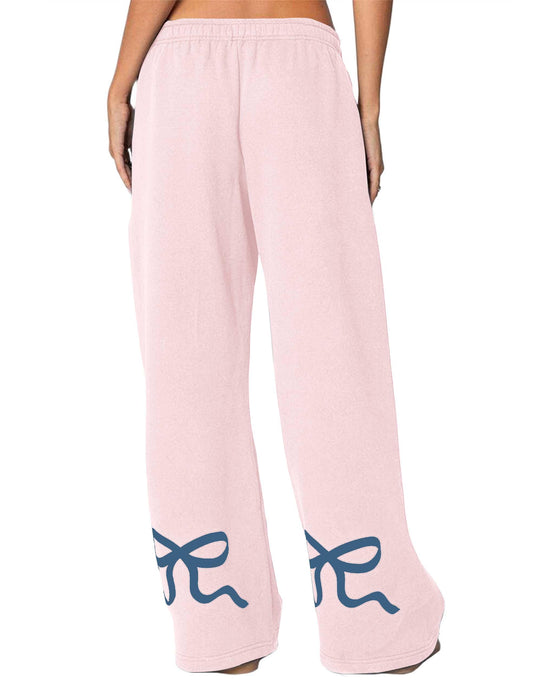 Women’s Wide-Leg Sweatpants – Straight Leg, Graphic Bow Print, Elastic Waistband, Lounge Joggers with Pockets