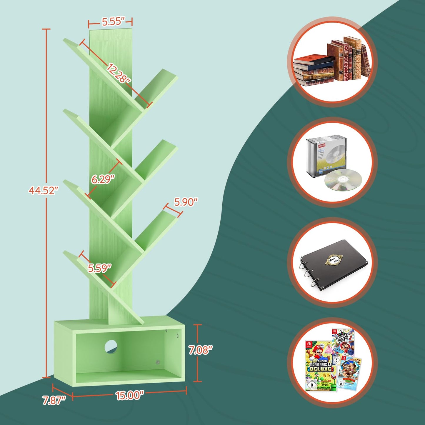 Tree Bookshelf - 6 Shelf Retro Floor Standing Bookcase, Tall Wood Book Storage Rack