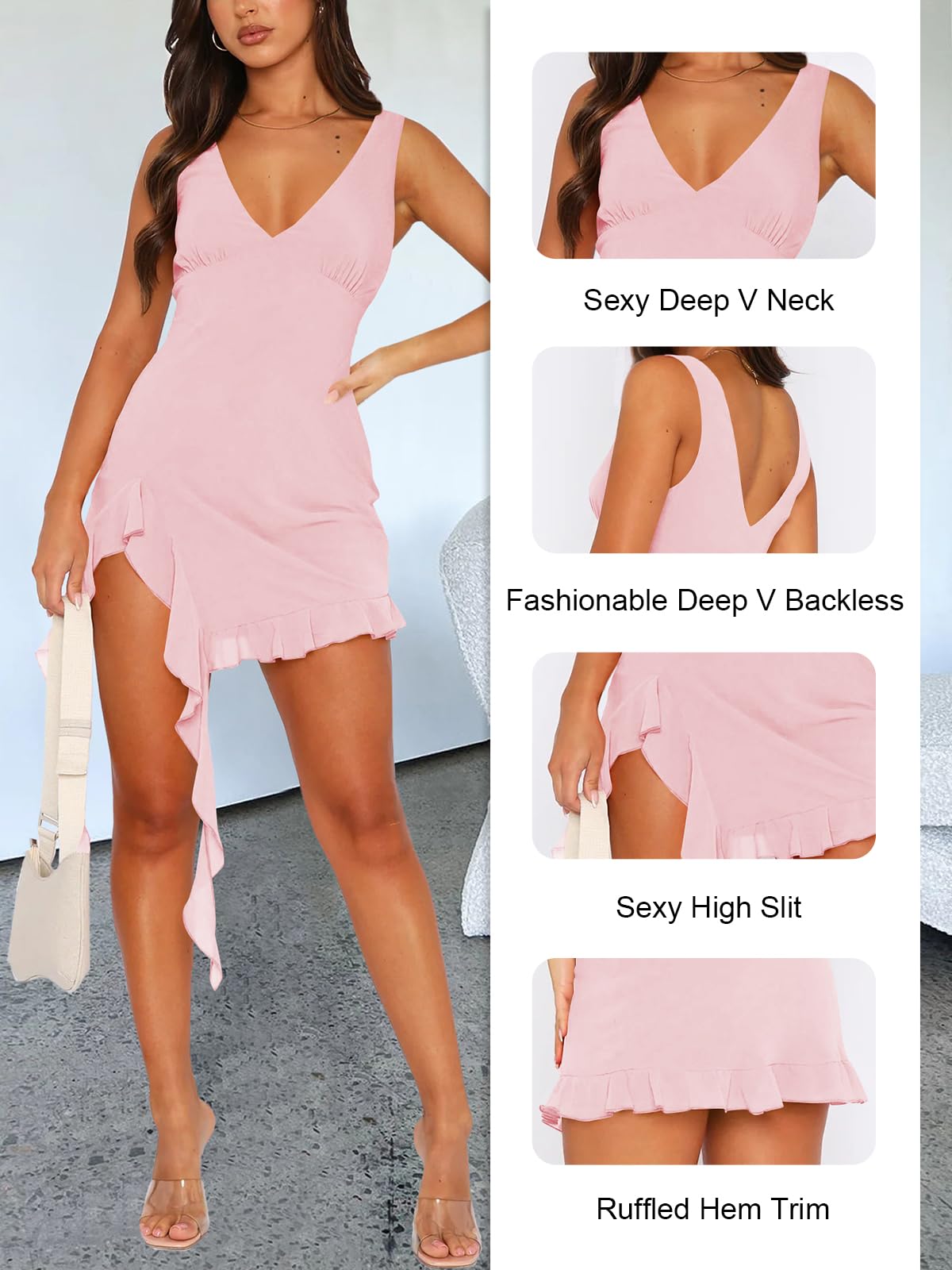 Women Sleeveless Sexy V Neck Bodycon Mini Dress Summer Side Slit Mesh Irregular Ruffle Hem Backless Short Dress