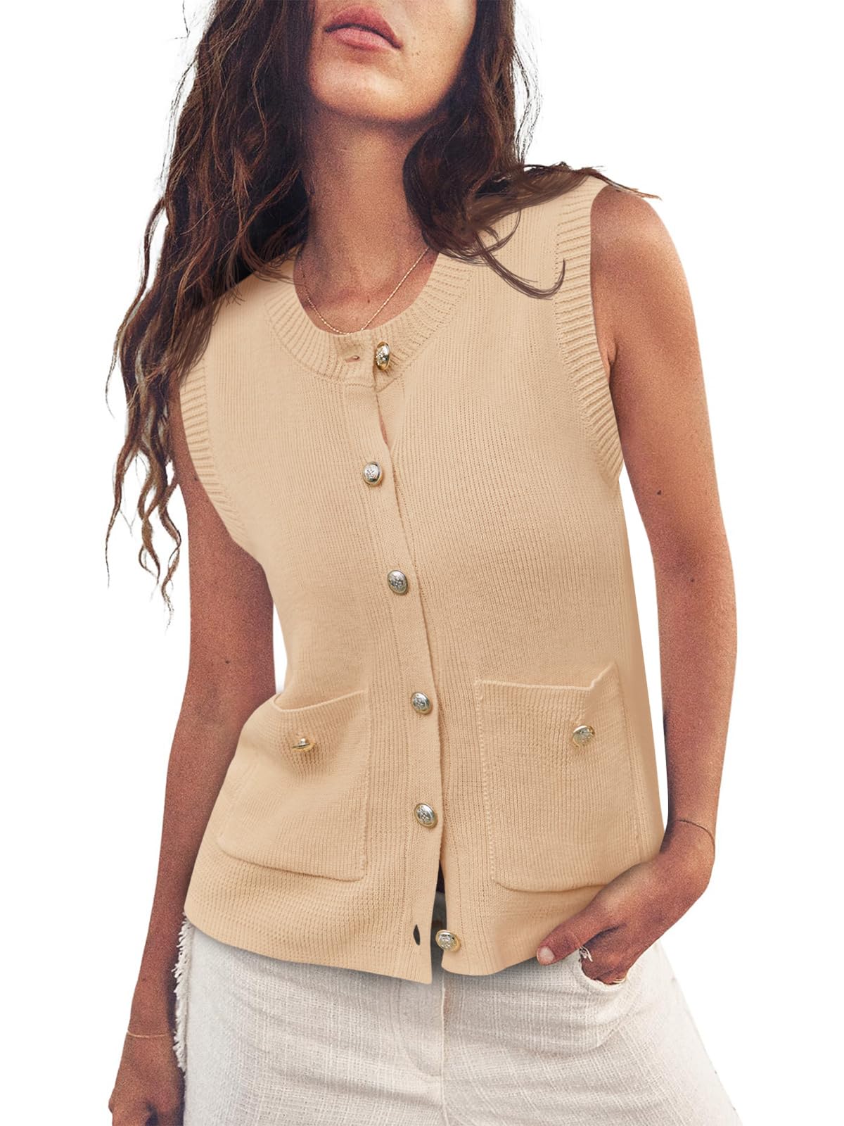 Cropped Sweater Vest Sleeveless Button Ribbed Knit Crew Neck Cardigan Vests Top with Pockets