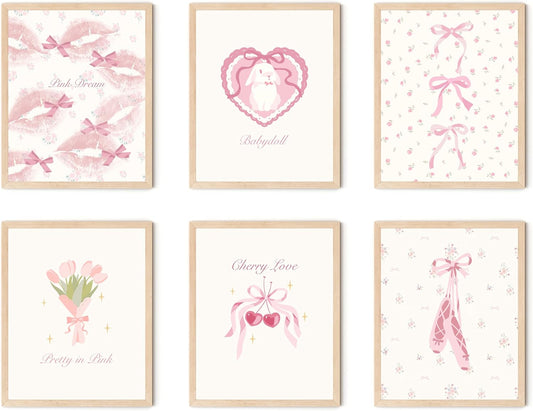 Coquette Room Decor Aesthetic, Pastel Pink Bows Posters (8" X 10", Set of 6, UNFRAMED)