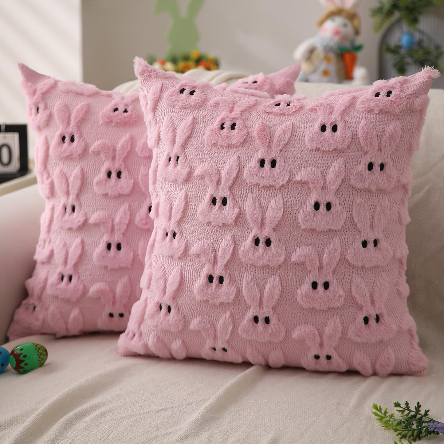 Easter Bunny Pillow Covers | Set of 2 Easter Soft Plush Faux Fur Jacquard Throw Pillows