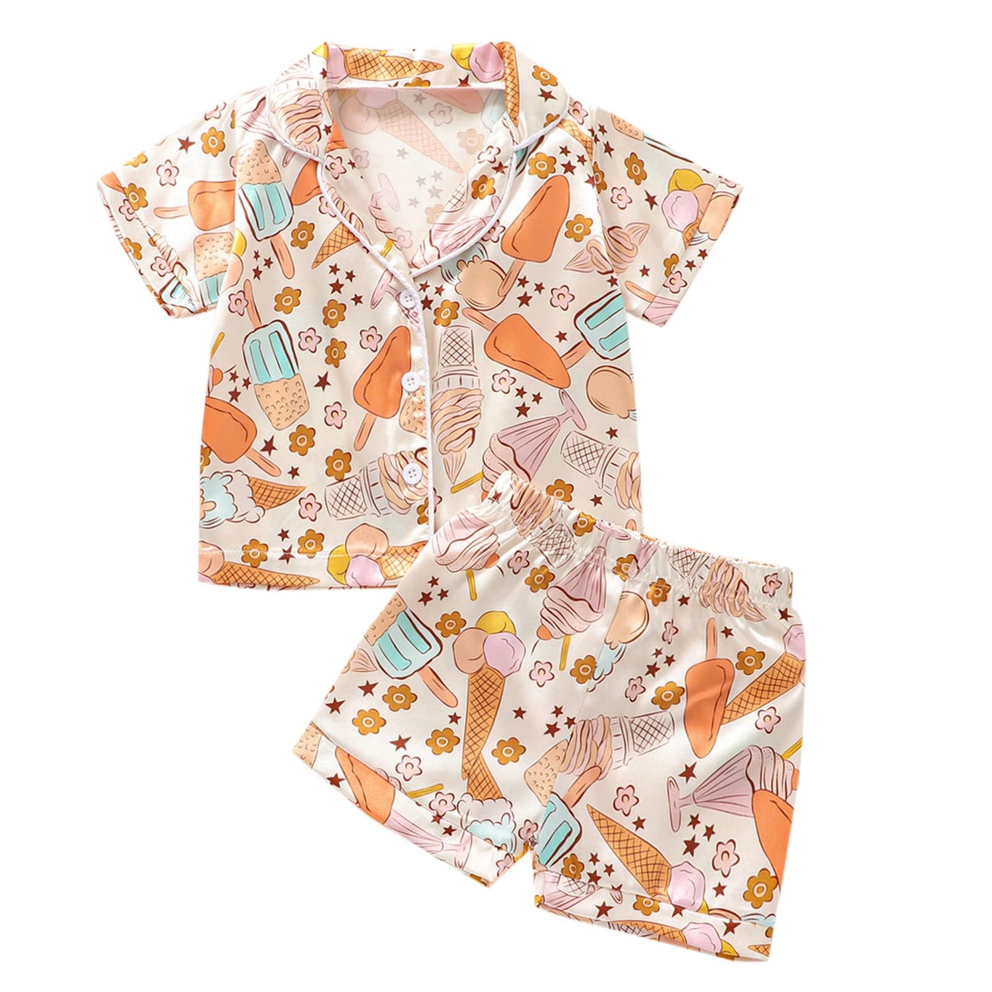 Toddler Girls Floral Silk Pajamas Short Sleeve Button-Up Top Shorts 2PC Flowers Satin Pajamas Set