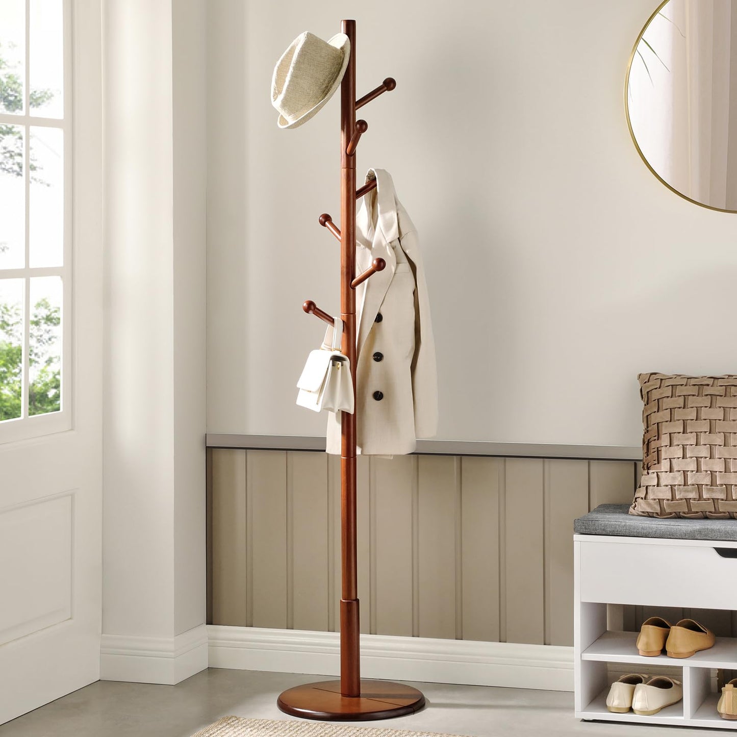 Solid Wood Coat Rack – Free-Standing Tree with 8 Hooks, Adjustable Height for Coats, Hats, and Bags