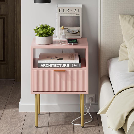 Nightstand with Charging Station,Mid-Century Modern Bedside Table with Storage Drawer and Open Wood Shelf,Small Gold Frame