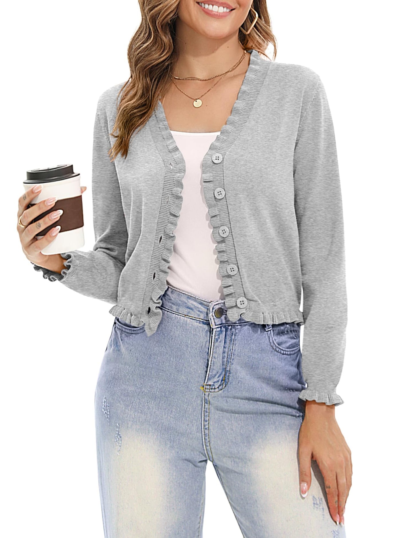 Lightweight Cardigan Sweater - Cropped Ruffle Long Sleeve Button Down Sweater