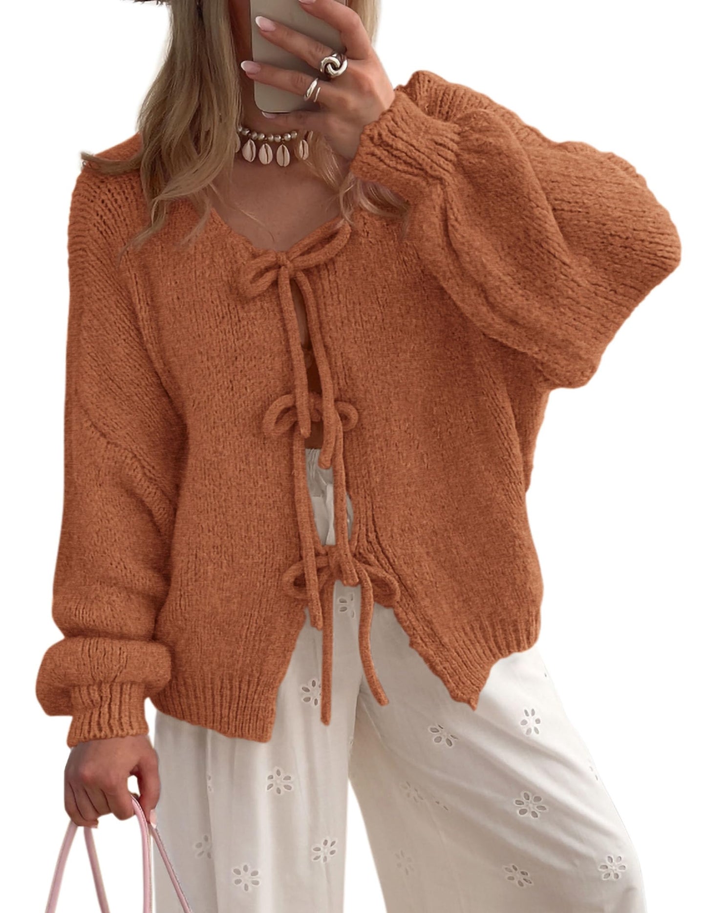 Women's Tie Front Bow Cardigan Sweaters Chunky Knit Long Puff Sleeve