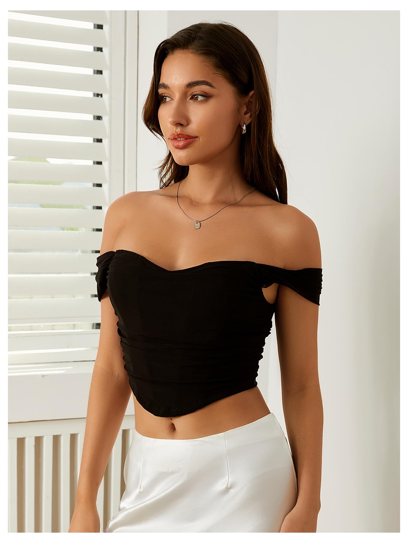 Women's Off Shoulder Short Sleeve Asymmetrical Hem Ruched Corset Crop Top